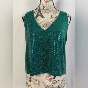 If She Loves Blue-Green Sequin V-Neck Dazzling Festive Crop Top Size L- USA